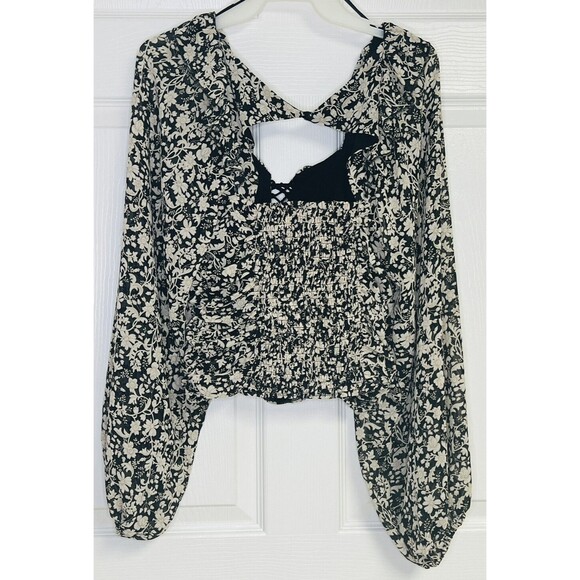 Mable Black Beige Floral Rouched Cropped Top Medium M Balloon Sleeve - Picture 2 of 9